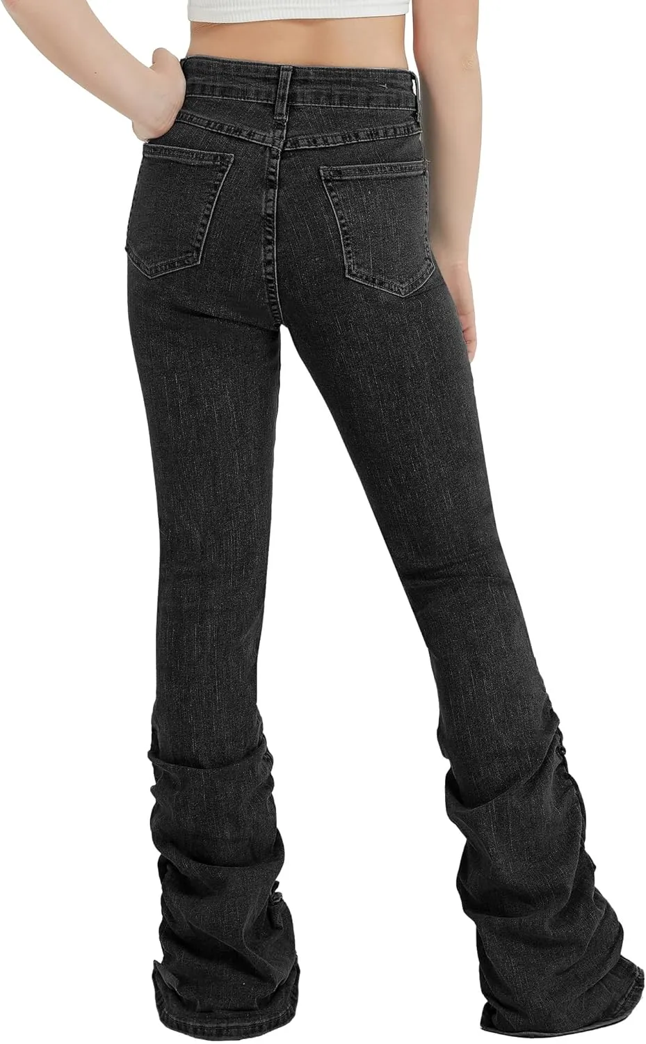 EXARUS Girls Stacked Flare Jeans High Waisted Denim Bell Bottom Bootcut Casual Kids School Ruch Pants with Pockets 8-14Y