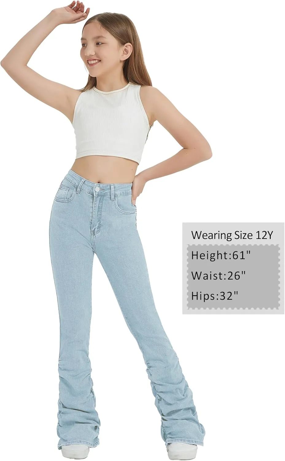 EXARUS Girls Stacked Flare Jeans High Waisted Denim Bell Bottom Bootcut Casual Kids School Ruch Pants with Pockets 8-14Y