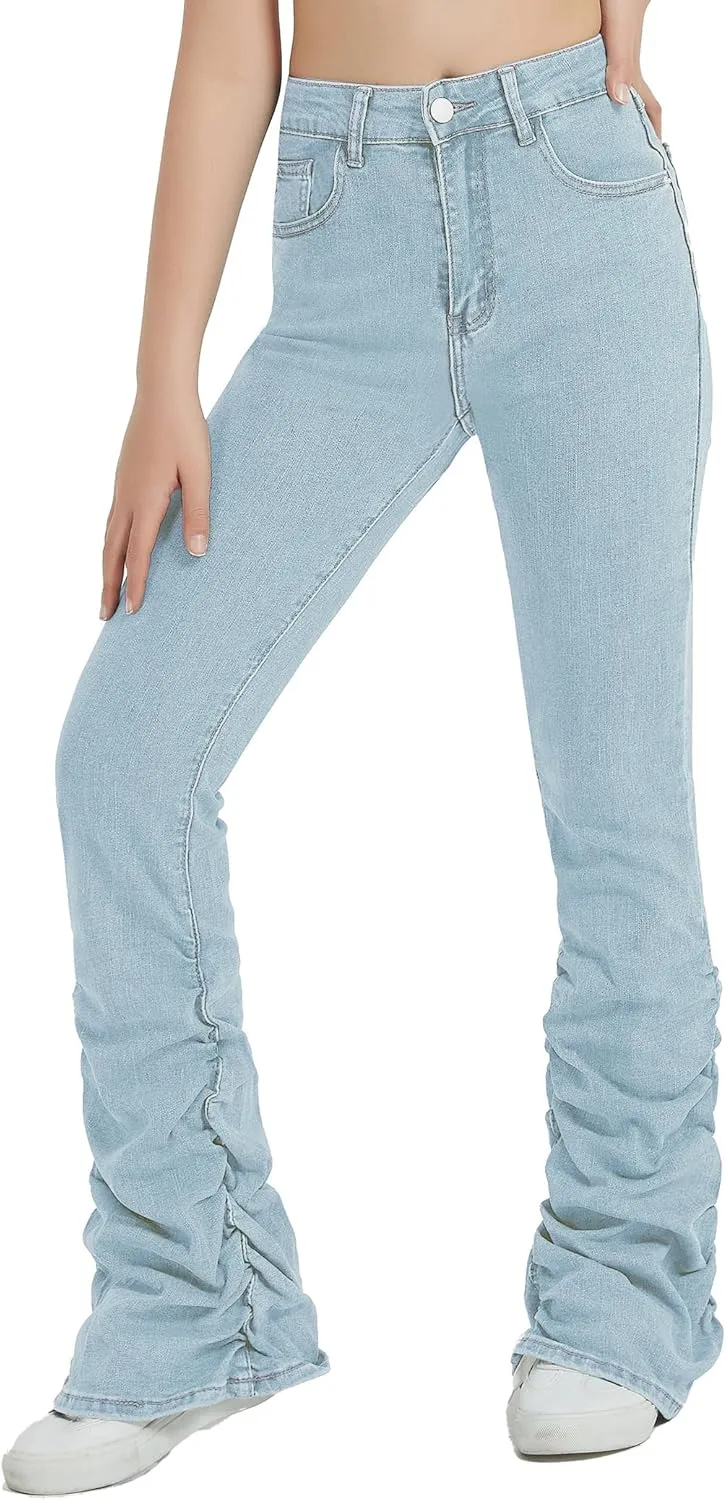 EXARUS Girls Stacked Flare Jeans High Waisted Denim Bell Bottom Bootcut Casual Kids School Ruch Pants with Pockets 8-14Y
