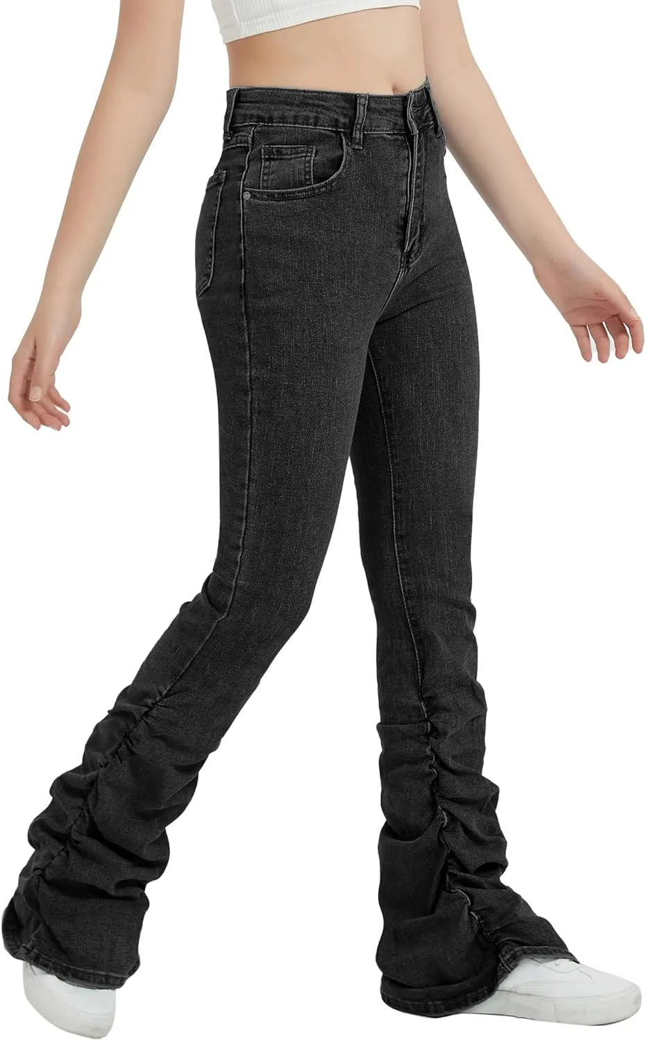 EXARUS Girls Stacked Flare Jeans High Waisted Denim Bell Bottom Bootcut Casual Kids School Ruch Pants with Pockets 8-14Y