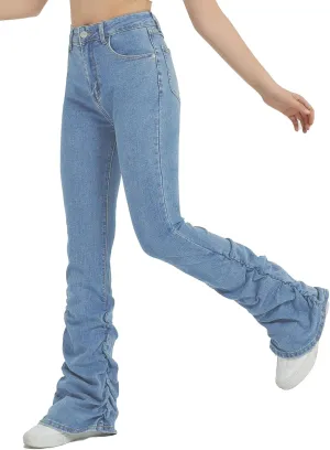 EXARUS Girls Stacked Flare Jeans High Waisted Denim Bell Bottom Bootcut Casual Kids School Ruch Pants with Pockets 8-14Y