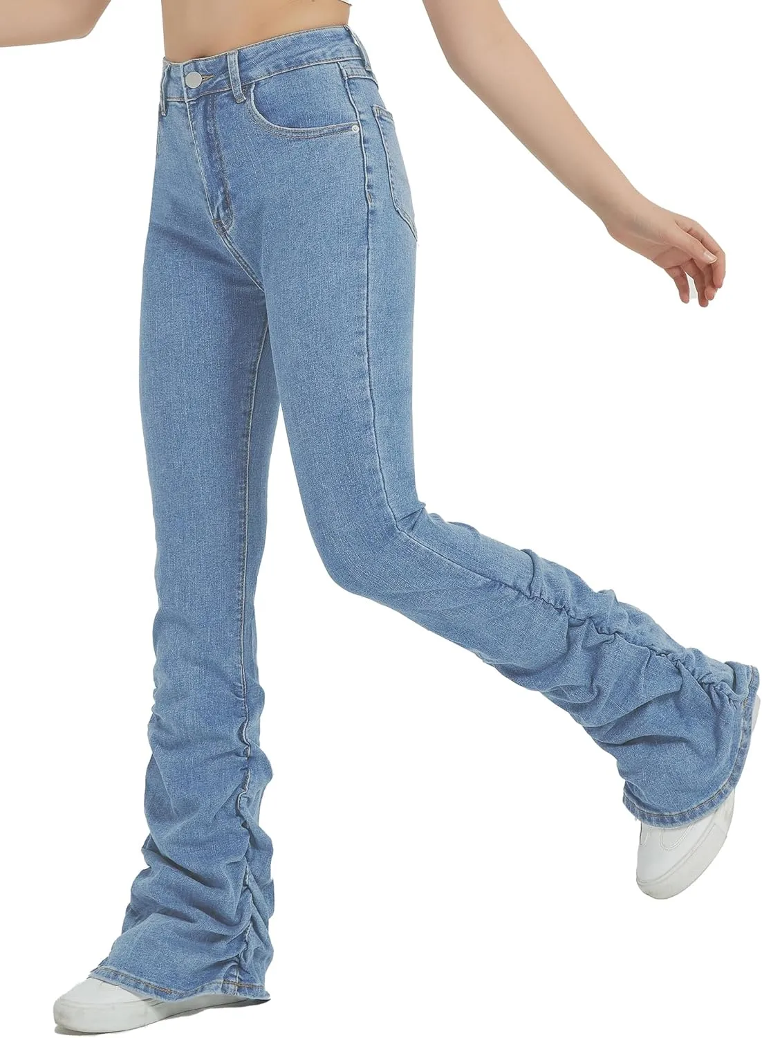 EXARUS Girls Stacked Flare Jeans High Waisted Denim Bell Bottom Bootcut Casual Kids School Ruch Pants with Pockets 8-14Y