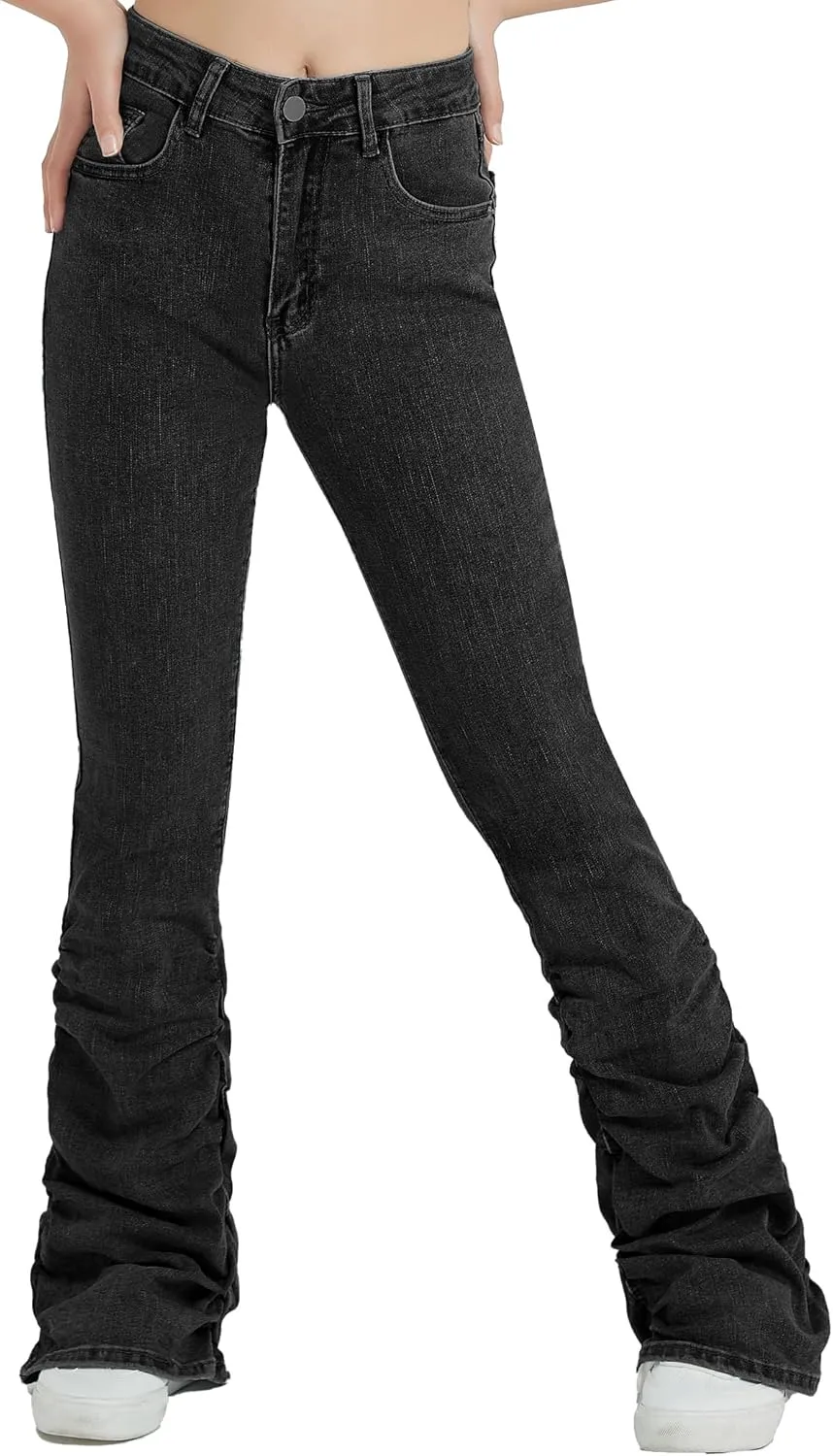 EXARUS Girls Stacked Flare Jeans High Waisted Denim Bell Bottom Bootcut Casual Kids School Ruch Pants with Pockets 8-14Y