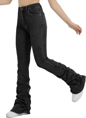 EXARUS Girls Stacked Flare Jeans High Waisted Denim Bell Bottom Bootcut Casual Kids School Ruch Pants with Pockets 8-14Y