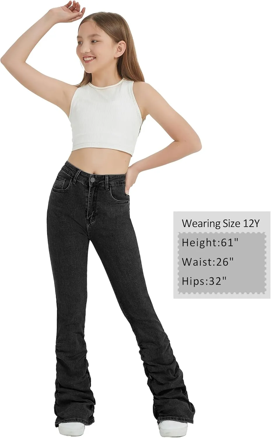 EXARUS Girls Stacked Flare Jeans High Waisted Denim Bell Bottom Bootcut Casual Kids School Ruch Pants with Pockets 8-14Y