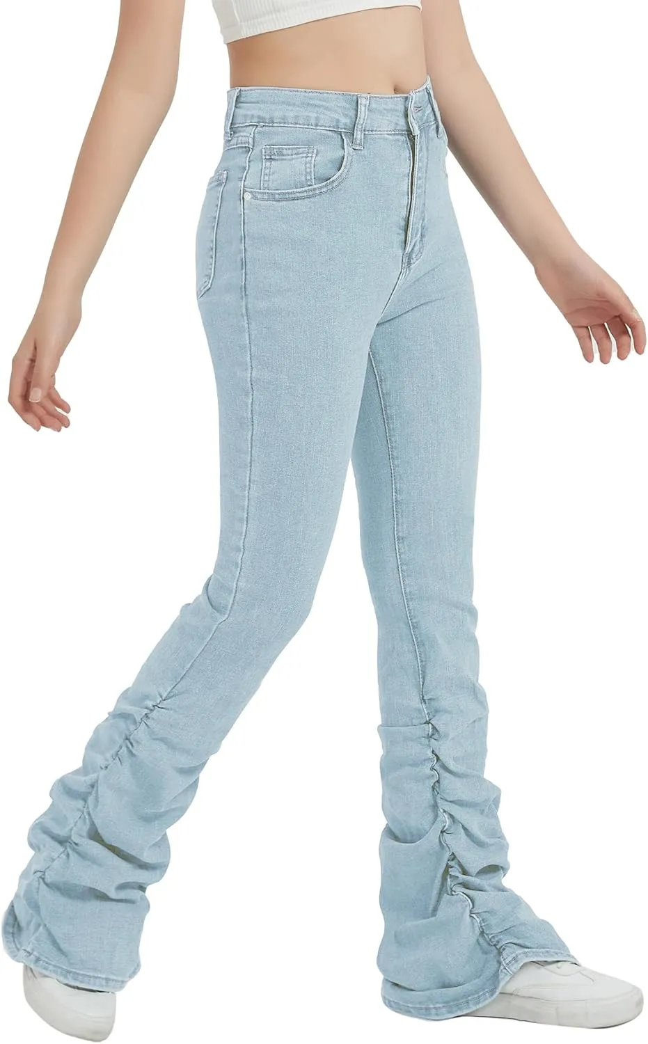 EXARUS Girls Stacked Flare Jeans High Waisted Denim Bell Bottom Bootcut Casual Kids School Ruch Pants with Pockets 8-14Y
