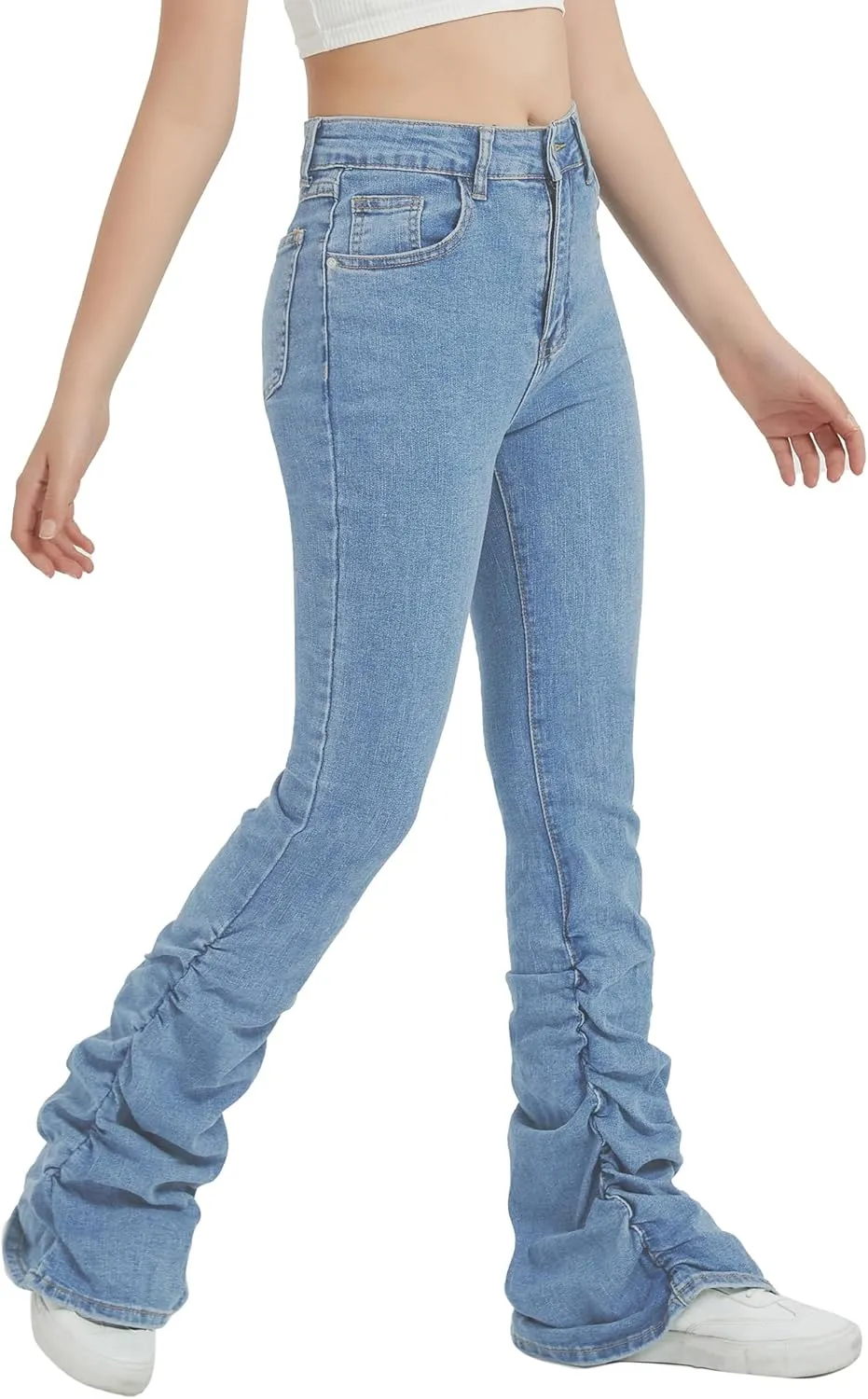 EXARUS Girls Stacked Flare Jeans High Waisted Denim Bell Bottom Bootcut Casual Kids School Ruch Pants with Pockets 8-14Y