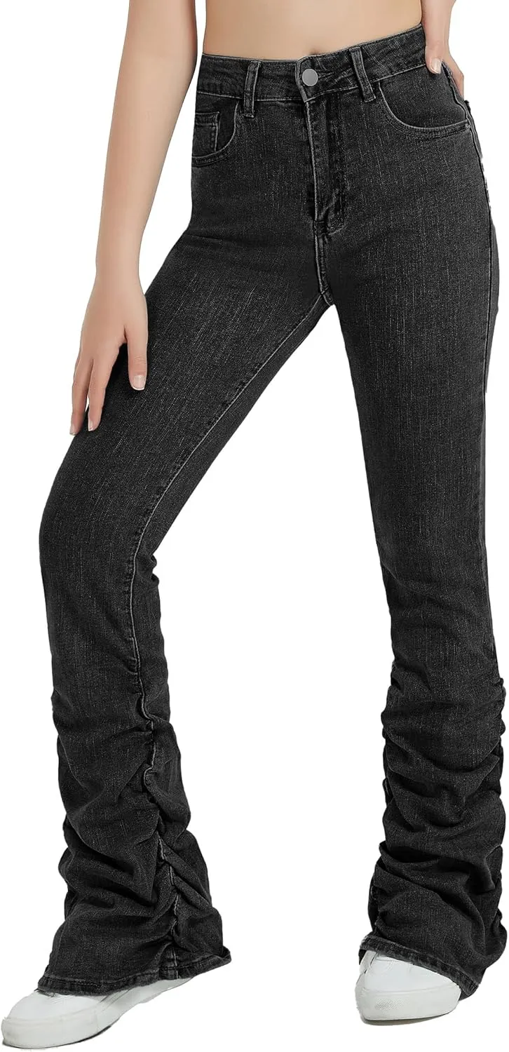 EXARUS Girls Stacked Flare Jeans High Waisted Denim Bell Bottom Bootcut Casual Kids School Ruch Pants with Pockets 8-14Y