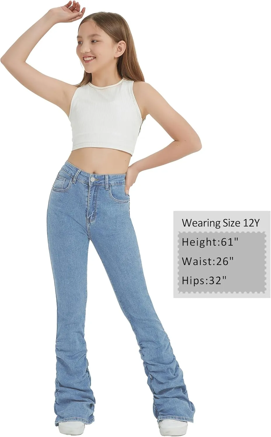 EXARUS Girls Stacked Flare Jeans High Waisted Denim Bell Bottom Bootcut Casual Kids School Ruch Pants with Pockets 8-14Y