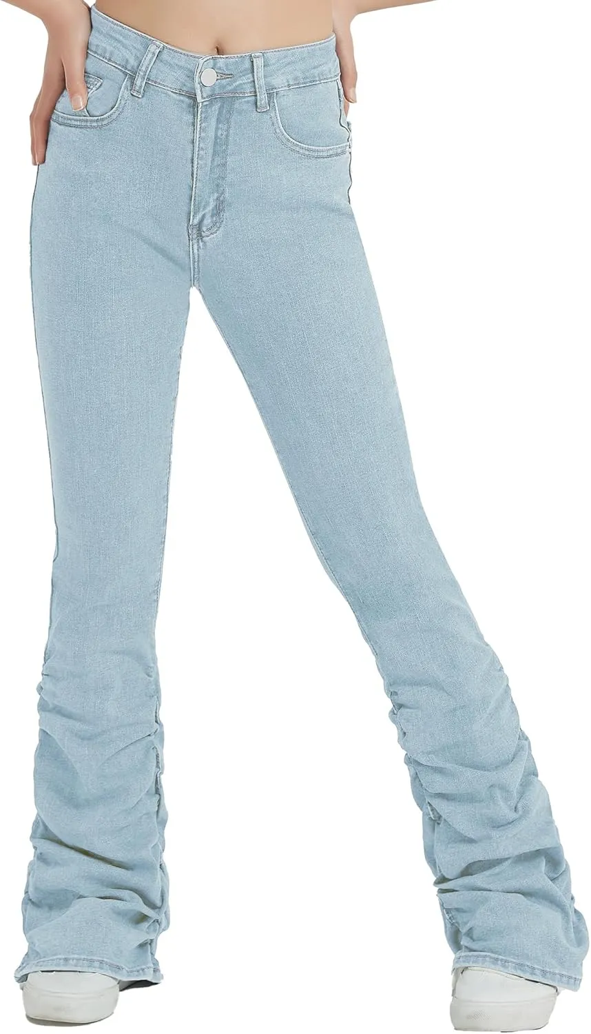 EXARUS Girls Stacked Flare Jeans High Waisted Denim Bell Bottom Bootcut Casual Kids School Ruch Pants with Pockets 8-14Y