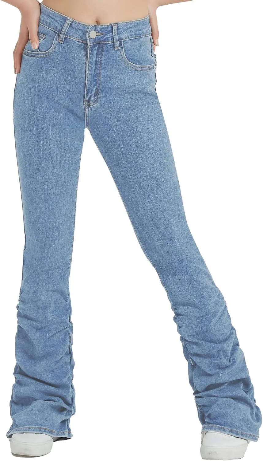 EXARUS Girls Stacked Flare Jeans High Waisted Denim Bell Bottom Bootcut Casual Kids School Ruch Pants with Pockets 8-14Y