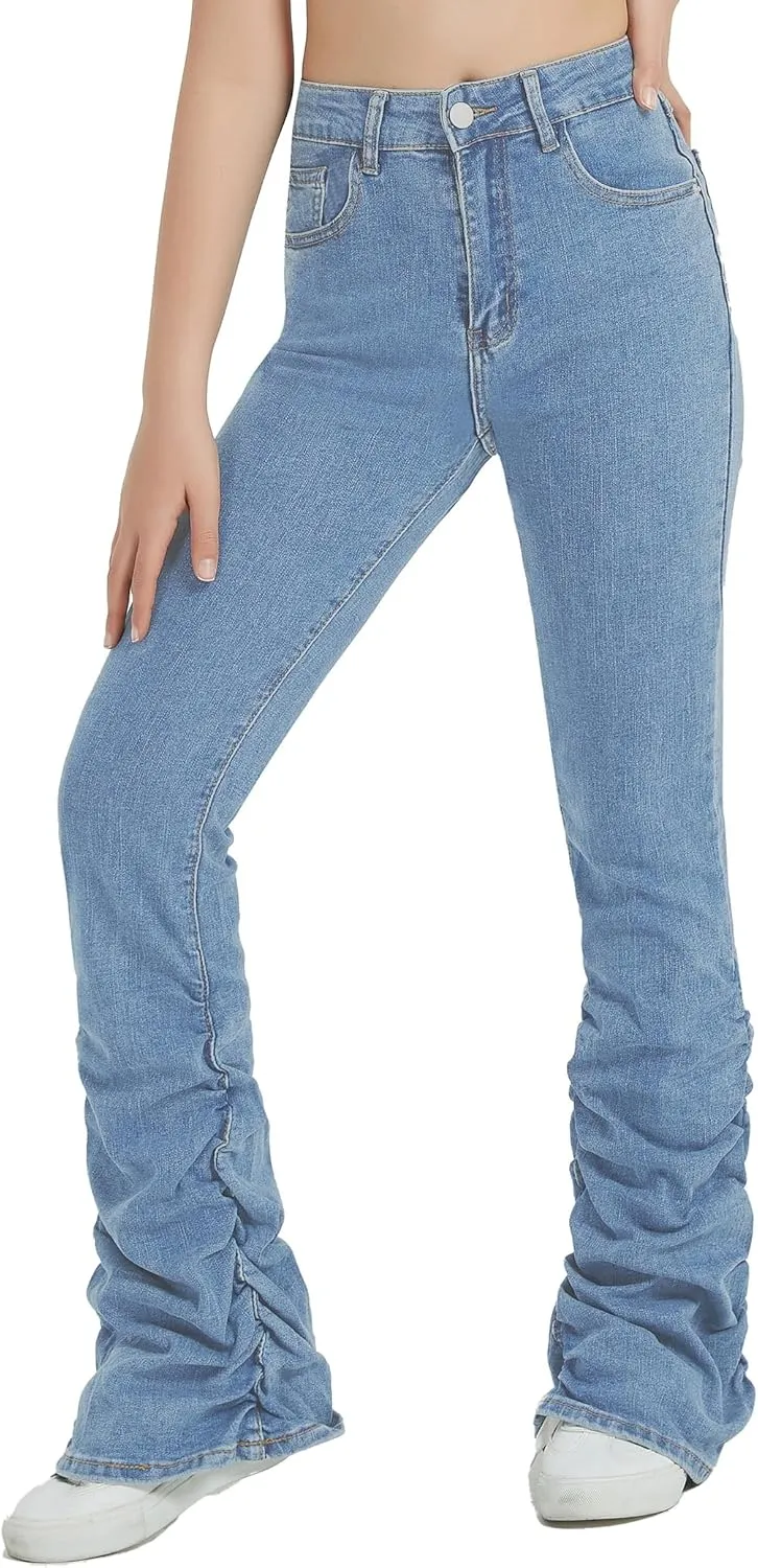 EXARUS Girls Stacked Flare Jeans High Waisted Denim Bell Bottom Bootcut Casual Kids School Ruch Pants with Pockets 8-14Y