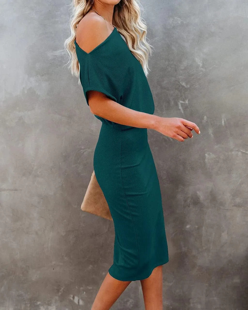 Ezbelle Women's 2025 Summer Dress Off The Shoulder Short Sleeve Ribbed Casual Party Bodycon Midi Dresses
