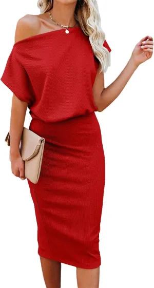 Ezbelle Women's 2025 Summer Dress Off The Shoulder Short Sleeve Ribbed Casual Party Bodycon Midi Dresses