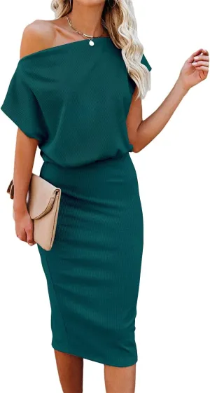 Ezbelle Women's 2025 Summer Dress Off The Shoulder Short Sleeve Ribbed Casual Party Bodycon Midi Dresses