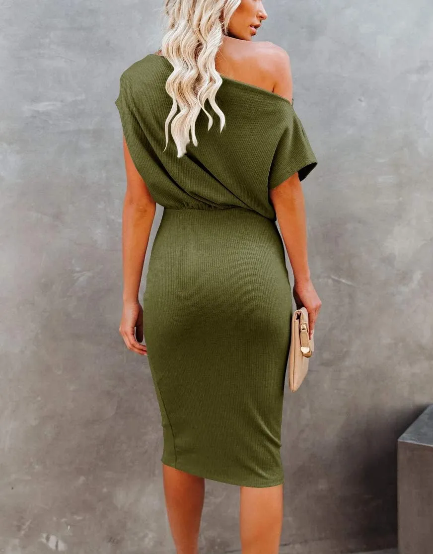 Ezbelle Women's 2025 Summer Dress Off The Shoulder Short Sleeve Ribbed Casual Party Bodycon Midi Dresses