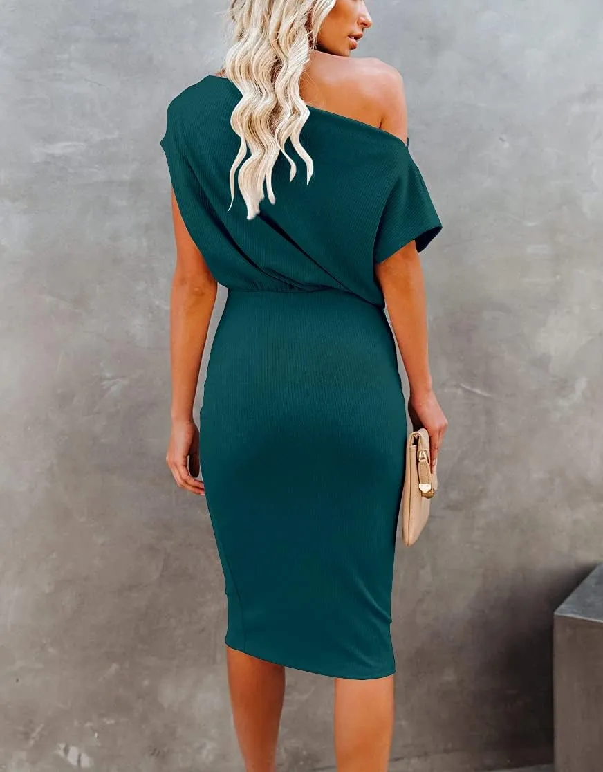 Ezbelle Women's 2025 Summer Dress Off The Shoulder Short Sleeve Ribbed Casual Party Bodycon Midi Dresses
