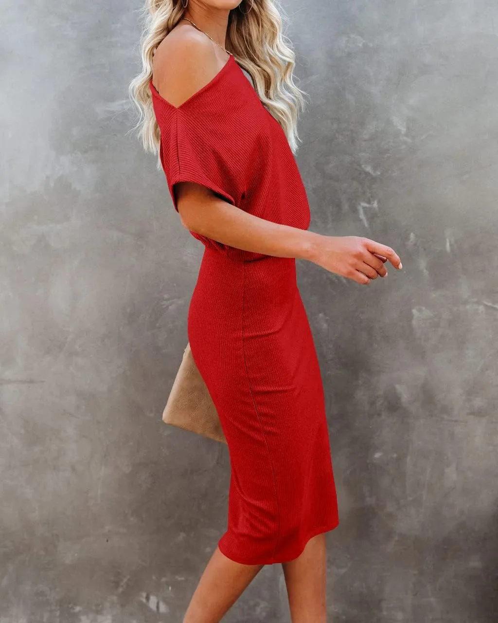 Ezbelle Women's 2025 Summer Dress Off The Shoulder Short Sleeve Ribbed Casual Party Bodycon Midi Dresses