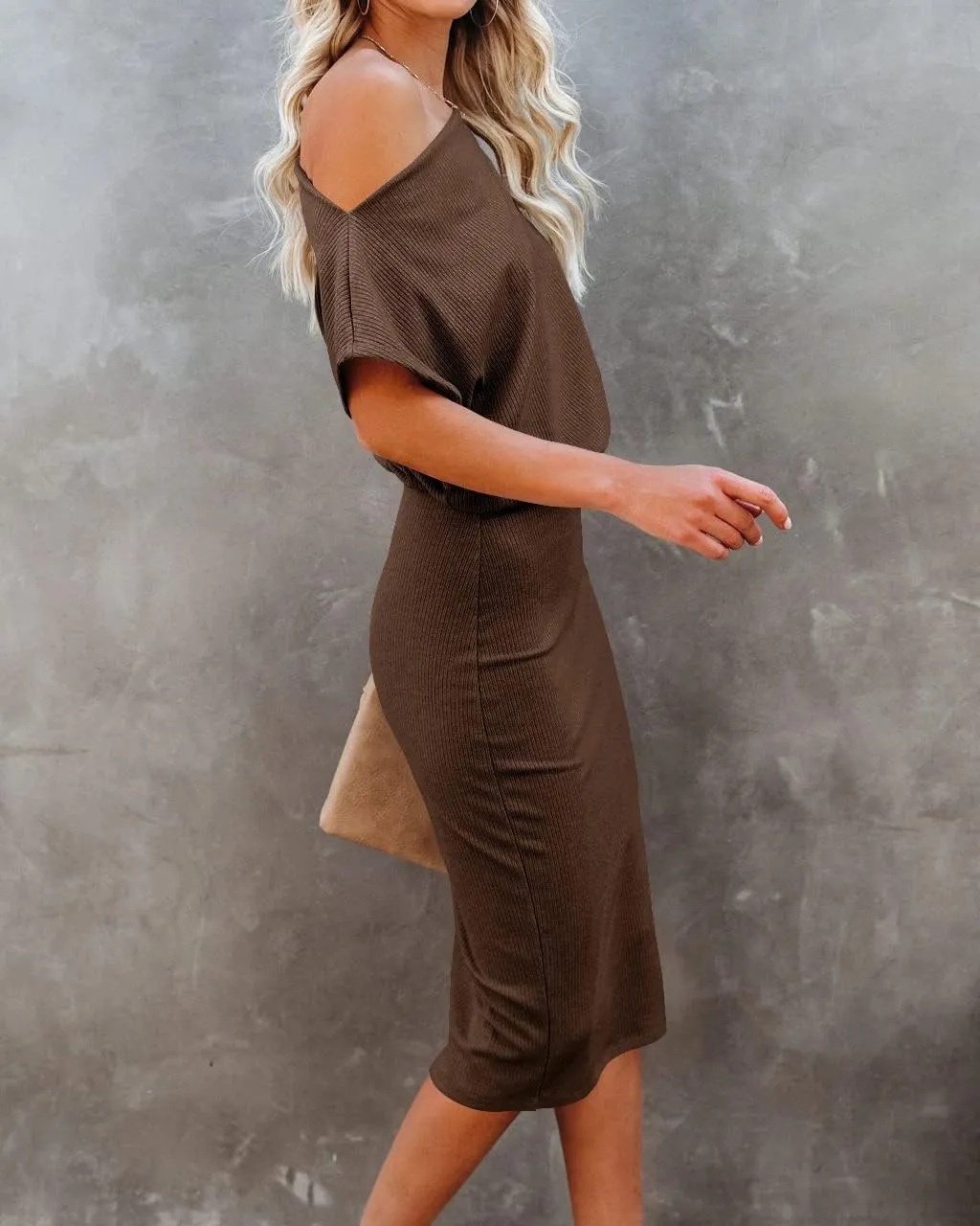 Ezbelle Women's 2025 Summer Dress Off The Shoulder Short Sleeve Ribbed Casual Party Bodycon Midi Dresses