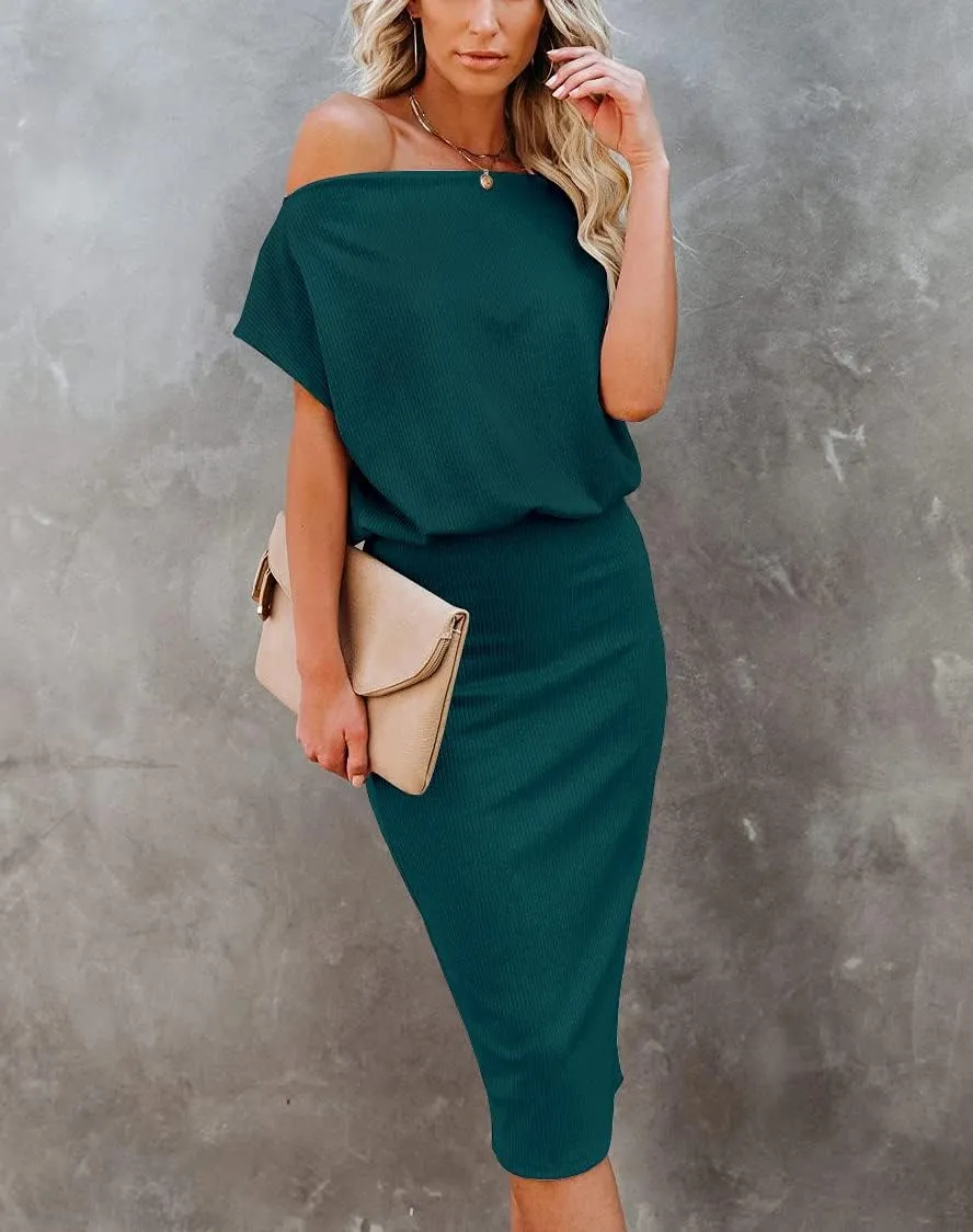 Ezbelle Women's 2025 Summer Dress Off The Shoulder Short Sleeve Ribbed Casual Party Bodycon Midi Dresses