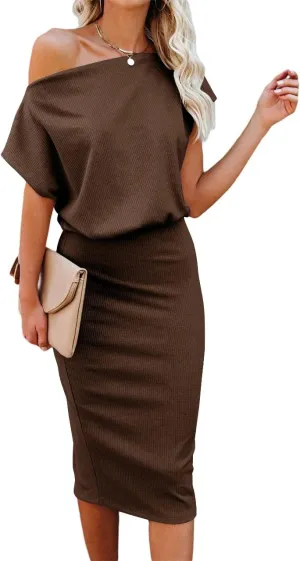 Ezbelle Women's 2025 Summer Dress Off The Shoulder Short Sleeve Ribbed Casual Party Bodycon Midi Dresses