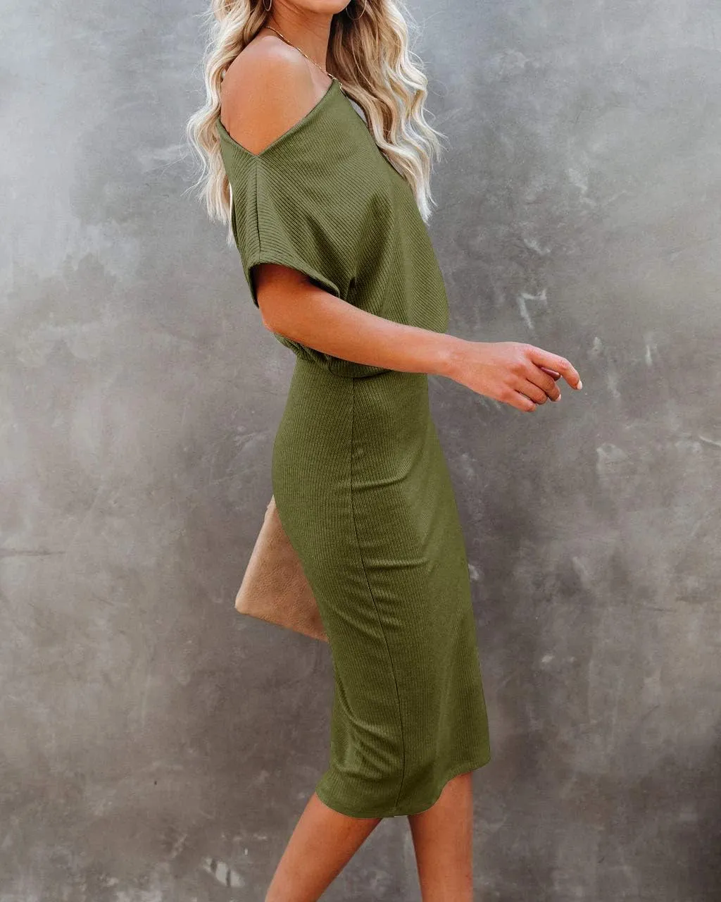 Ezbelle Women's 2025 Summer Dress Off The Shoulder Short Sleeve Ribbed Casual Party Bodycon Midi Dresses