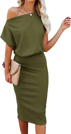 Ezbelle Women's 2025 Summer Dress Off The Shoulder Short Sleeve Ribbed Casual Party Bodycon Midi Dresses