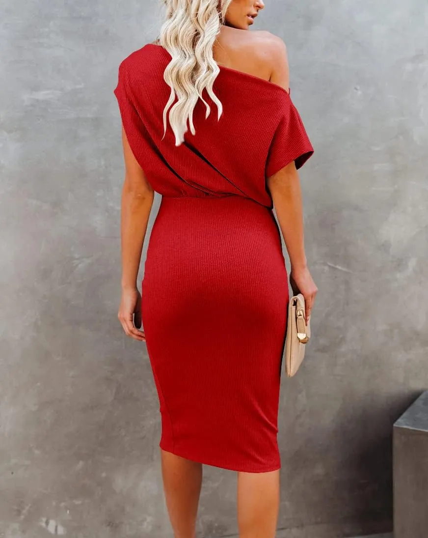 Ezbelle Women's 2025 Summer Dress Off The Shoulder Short Sleeve Ribbed Casual Party Bodycon Midi Dresses