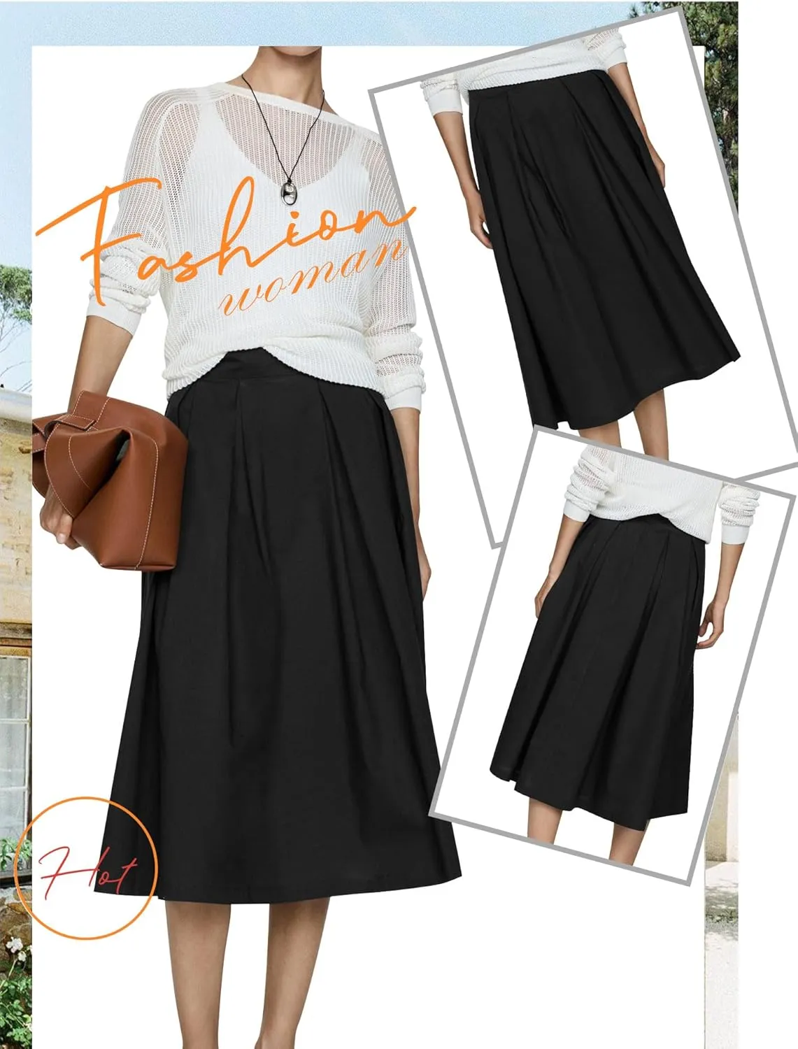 Ezcosplay Women Casual High Waisted Pleated A-line Midi Skirt Fall Winter Zipper Office Work Skirts