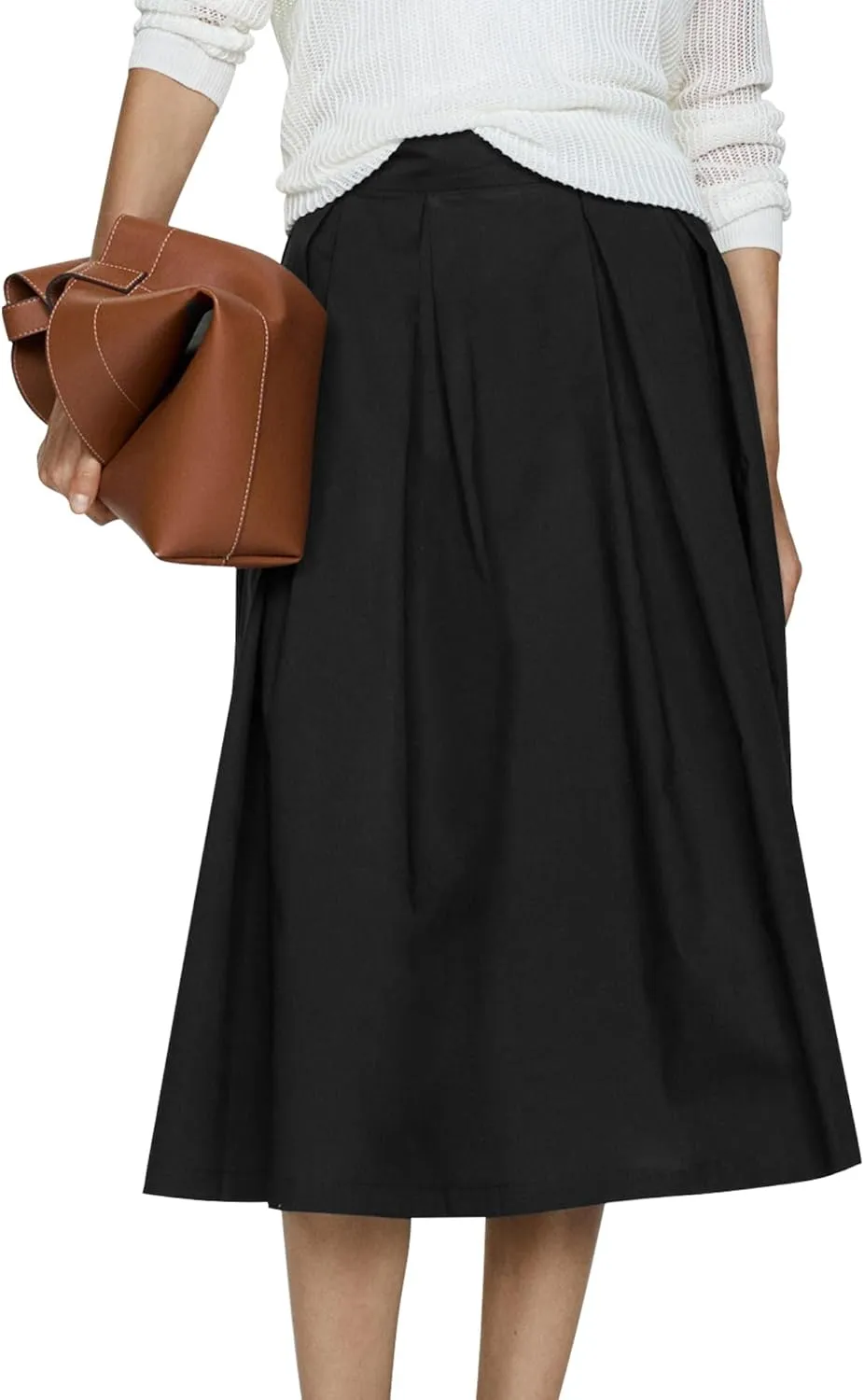Ezcosplay Women Casual High Waisted Pleated A-line Midi Skirt Fall Winter Zipper Office Work Skirts