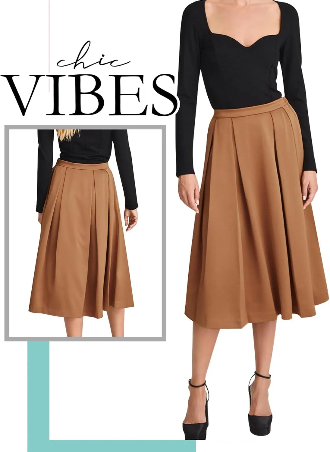 Ezcosplay Women Casual High Waisted Pleated A-line Midi Skirt Fall Winter Zipper Office Work Skirts