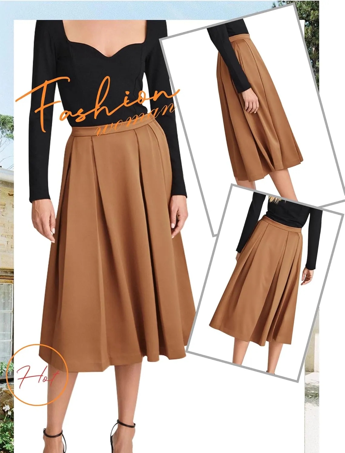Ezcosplay Women Casual High Waisted Pleated A-line Midi Skirt Fall Winter Zipper Office Work Skirts