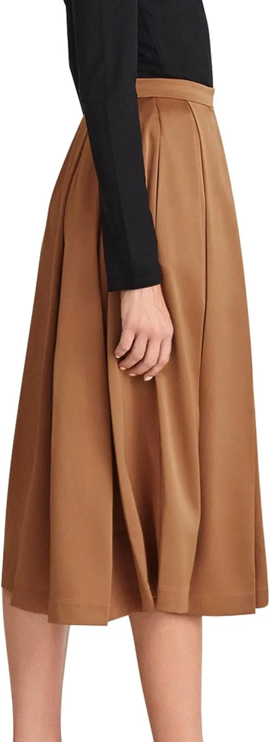 Ezcosplay Women Casual High Waisted Pleated A-line Midi Skirt Fall Winter Zipper Office Work Skirts