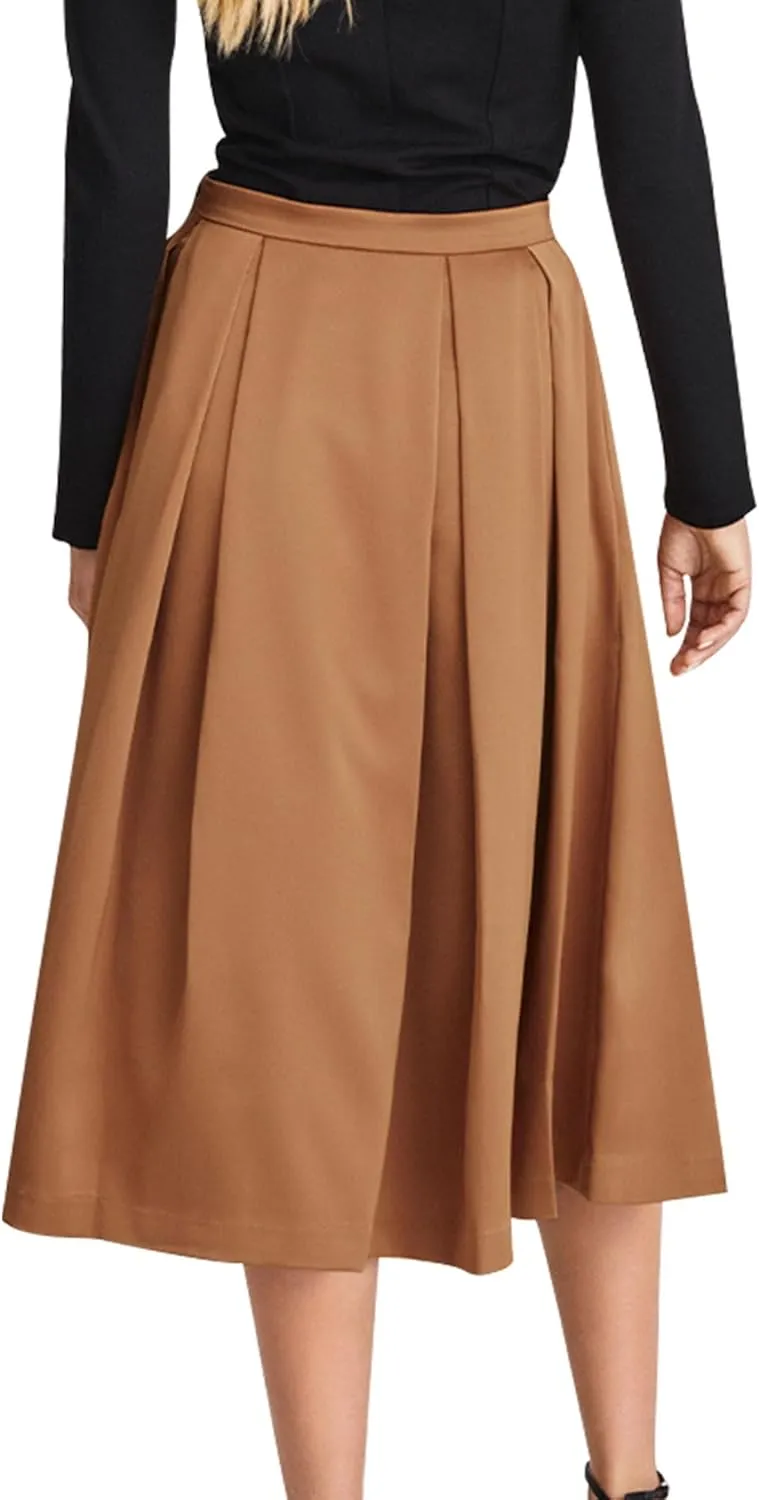 Ezcosplay Women Casual High Waisted Pleated A-line Midi Skirt Fall Winter Zipper Office Work Skirts