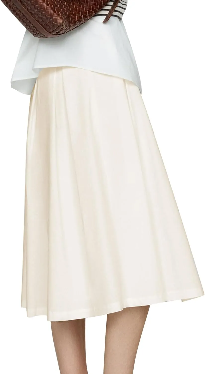 Ezcosplay Women Casual High Waisted Pleated A-line Midi Skirt Fall Winter Zipper Office Work Skirts