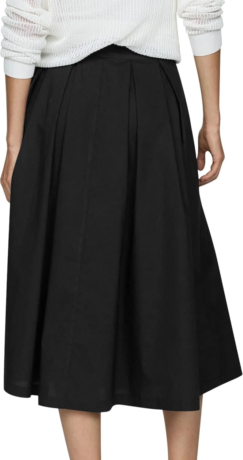 Ezcosplay Women Casual High Waisted Pleated A-line Midi Skirt Fall Winter Zipper Office Work Skirts