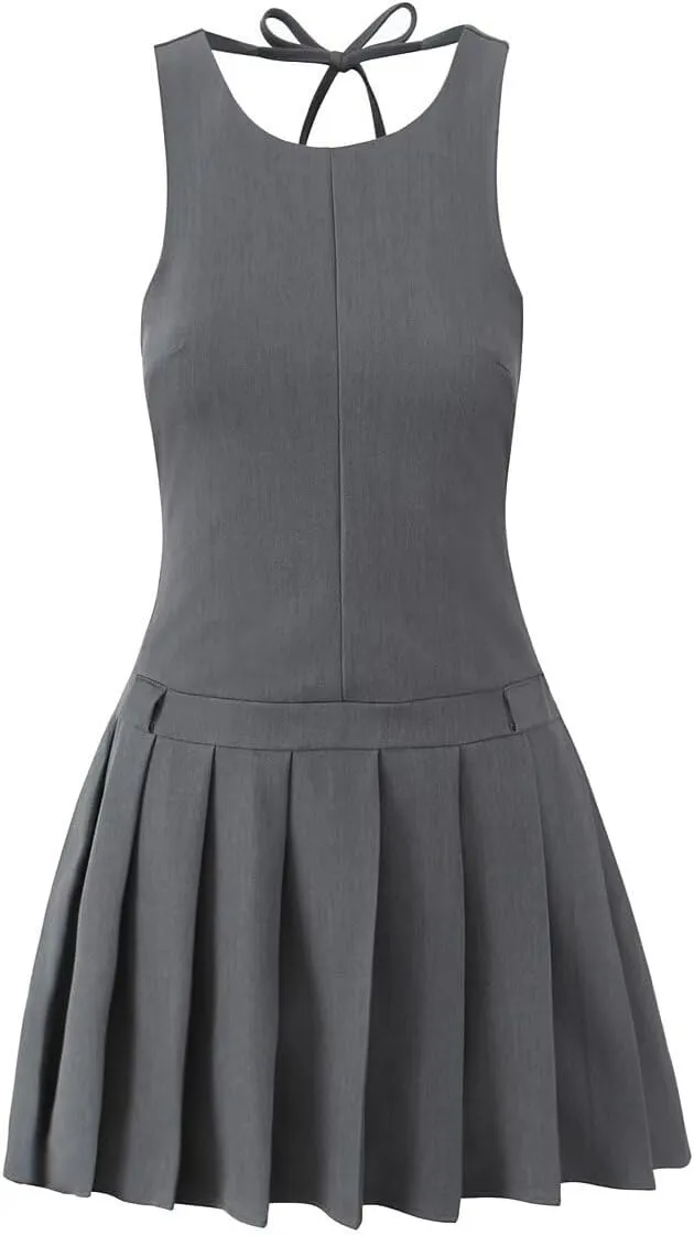 Fashion Design Tie Waist Cinched Peplum Dress, Spring and Summer, Slim Fit Waist-Defined Pleated Skirt Mini Dress for Women, Elegant, Chic, Trendy and Flattering for All Occasions Grey