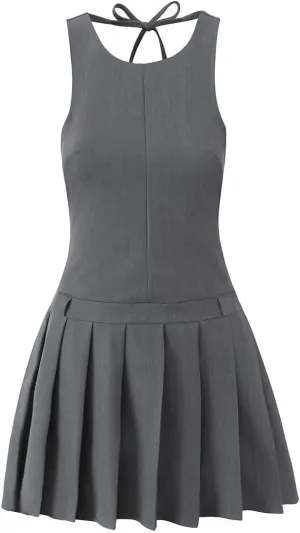Fashion Design Tie Waist Cinched Peplum Dress, Spring and Summer, Slim Fit Waist-Defined Pleated Skirt Mini Dress for Women, Elegant, Chic, Trendy and Flattering for All Occasions Grey