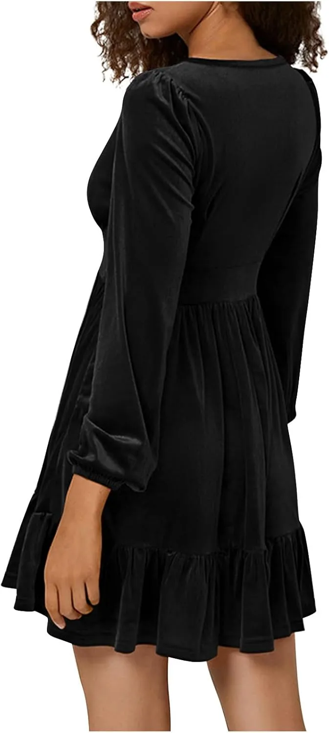 Firzero Womens Evening Party Dresses Plus Size Velet Ruffle Flowy Short Dress Casual V Neck Long Sleeve A Line Formal Dresses