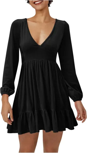 Firzero Womens Evening Party Dresses Plus Size Velet Ruffle Flowy Short Dress Casual V Neck Long Sleeve A Line Formal Dresses