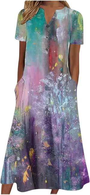 Floral Dress for Women V Neck Summer Elegant Plus Size Flowy Casual Smocked Short Sleeve Button Down Midi Dress