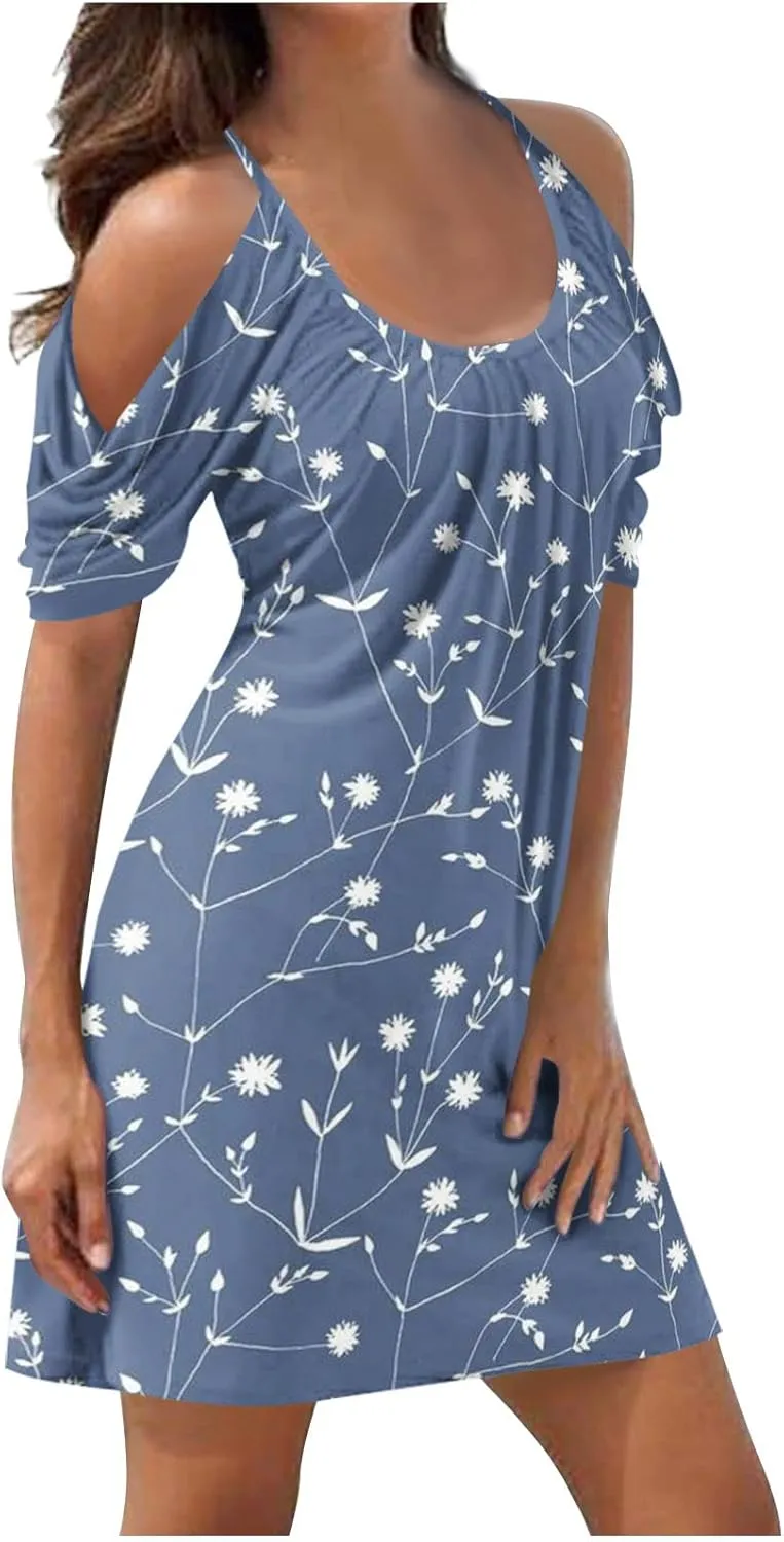 Floral Summer Dress 2024 Sexy Plus Size Open Shoulder Spaghetti Strap Beach Mini Dresses Floral Print Short Dresses