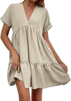 FZYLQY Womens Casual Dresses Short Sleeve V Neck Tiered Mini Dress Loose Fit Comfy Ruffle Swing Dress Trendy Beach Sundress