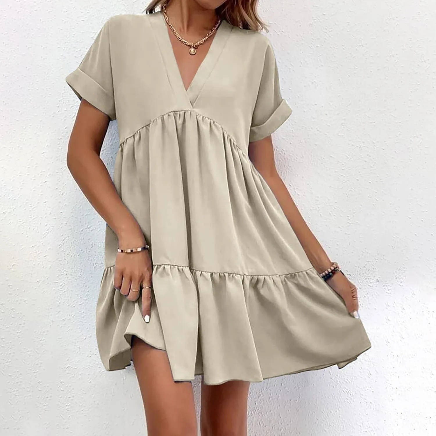 FZYLQY Womens Casual Dresses Short Sleeve V Neck Tiered Mini Dress Loose Fit Comfy Ruffle Swing Dress Trendy Beach Sundress