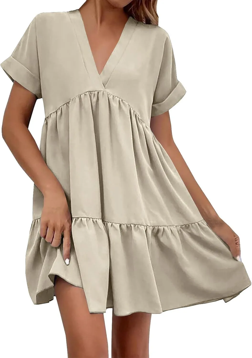 FZYLQY Womens Casual Dresses Short Sleeve V Neck Tiered Mini Dress Loose Fit Comfy Ruffle Swing Dress Trendy Beach Sundress