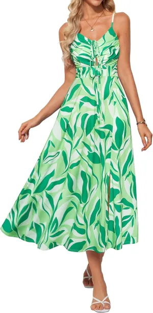 GRACE KARIN Womens 2025 Summer Beach Dress Boho Floral Dresses Spaghetti Strap V Neck Flowy Maxi Long Sundress with Pockets