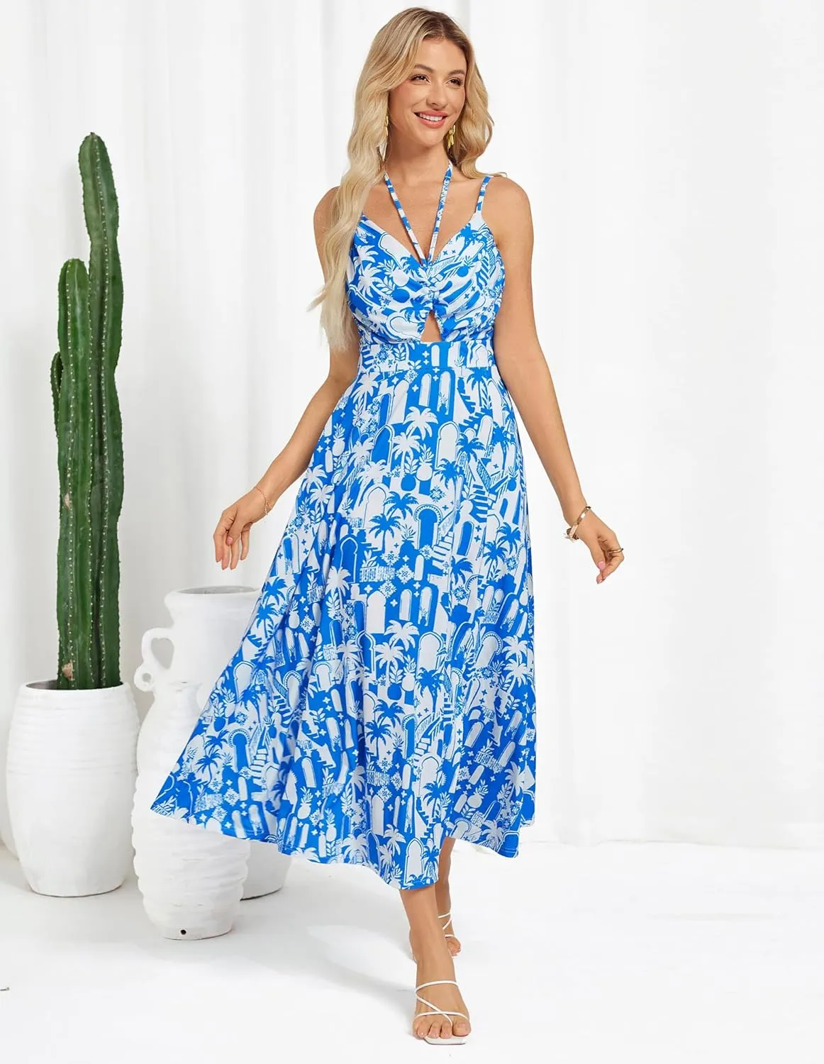 GRACE KARIN Womens 2025 Summer Beach Dress Boho Floral Dresses Spaghetti Strap V Neck Flowy Maxi Long Sundress with Pockets