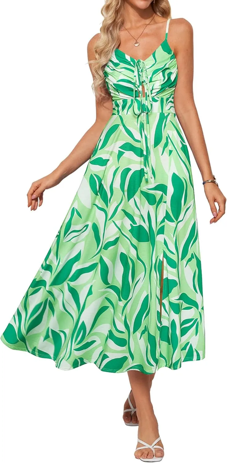 GRACE KARIN Womens 2025 Summer Beach Dress Boho Floral Dresses Spaghetti Strap V Neck Flowy Maxi Long Sundress with Pockets