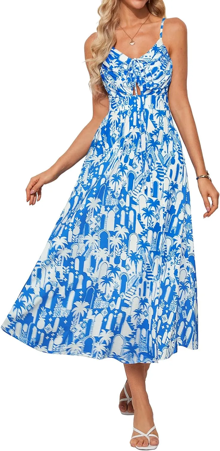 GRACE KARIN Womens 2025 Summer Beach Dress Boho Floral Dresses Spaghetti Strap V Neck Flowy Maxi Long Sundress with Pockets