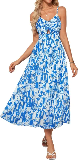 GRACE KARIN Womens 2025 Summer Beach Dress Boho Floral Dresses Spaghetti Strap V Neck Flowy Maxi Long Sundress with Pockets